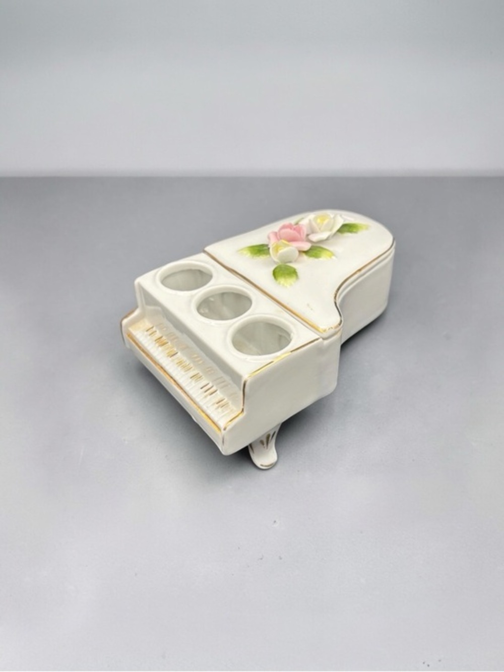 Vintage DeVilbiss Ceramic Floral Piano W/Gold Accents Candle Holder Trinket Box